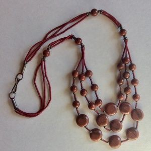 Vintage Natural Gold Sandstone Round Disk And Sea Beads Three Strands Necklace